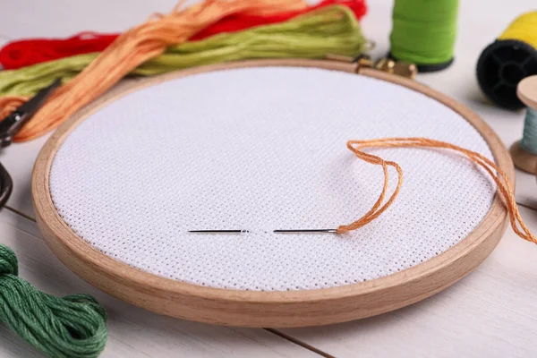 Embroidery Hoop Fabric Needle White Wooden Table Closeup — Stock Photo, Image