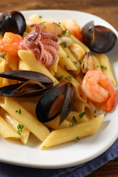 Delicious Pasta Seafood Table Closeup — Stock Photo, Image