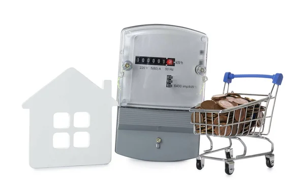 Electricity Meter House Model Small Shopping Cart Coins White Background — Stock Photo, Image