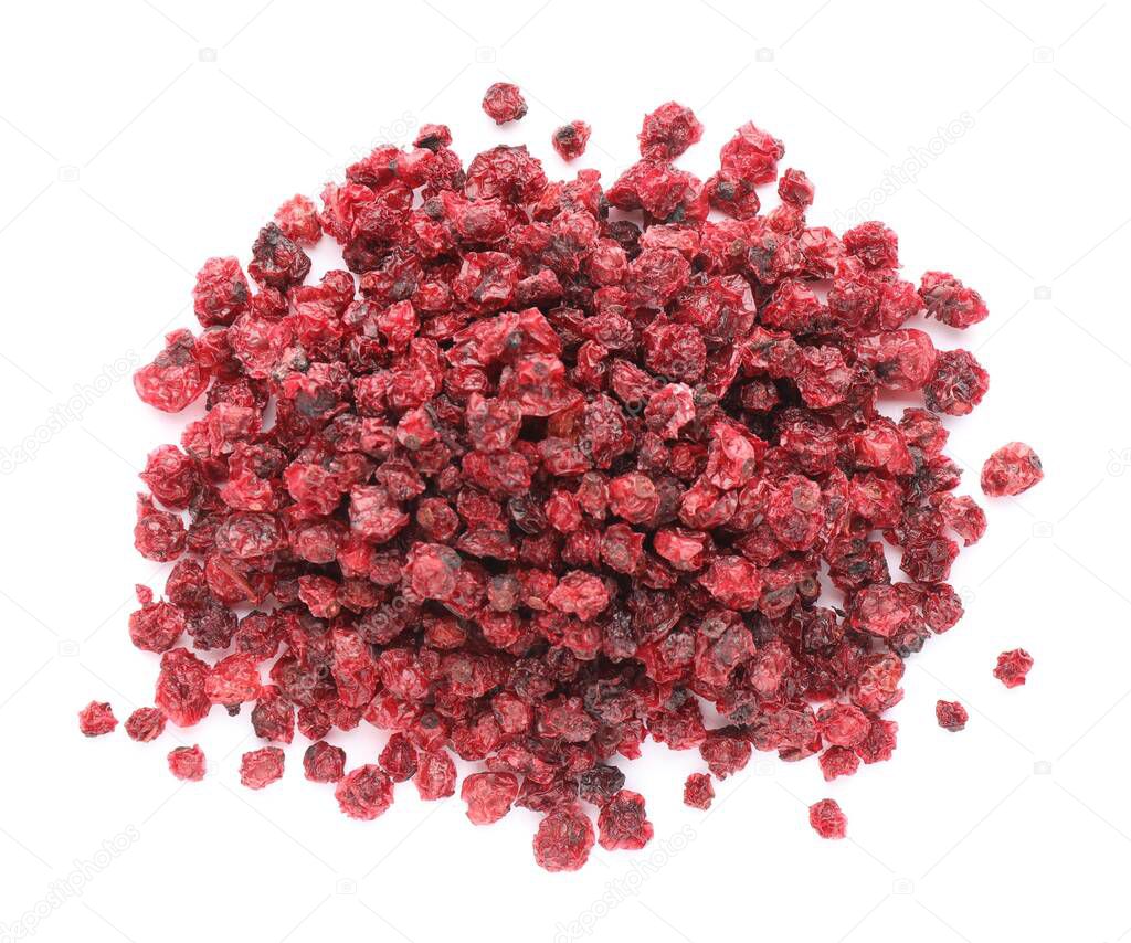 Pile of dried red currants on white background, top view