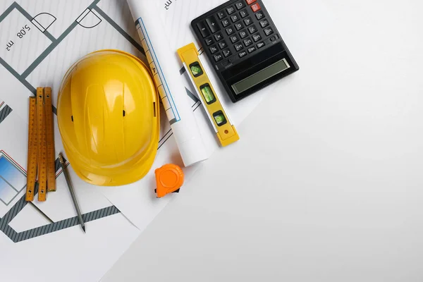 Desenhos Construção Chapéu Segurança Calculadora Fita Métrica Régua Dobrável Nível — Fotografia de Stock