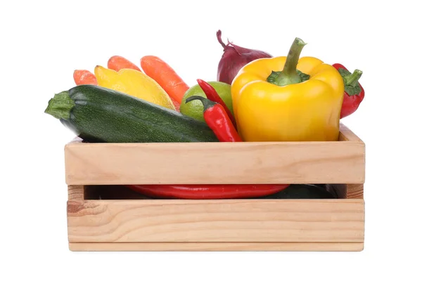 Frisches Reifes Gemüse Und Obst Holzkiste Auf Weißem Hintergrund — Stockfoto
