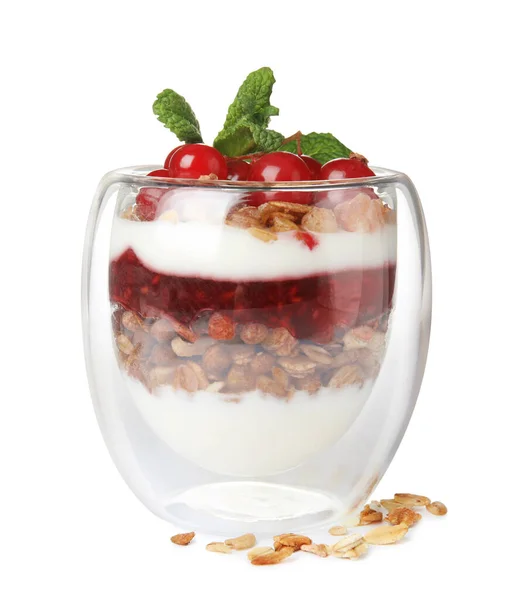 Lahodný Jogurt Parfait Čerstvým Červeným Rybízem Mátou Bílém Pozadí — Stock fotografie