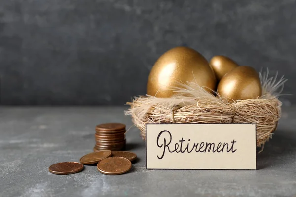 Many Golden Eggs Coins Card Word Retirement Grey Table Pension — Stock Photo, Image