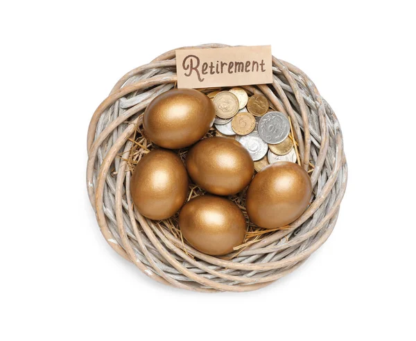 Huevos Oro Monedas Tarjeta Con Palabra Retiro Nido Sobre Fondo —  Fotos de Stock