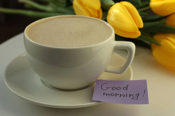 Cup Coffee Flowers Card Phrase Good Morning White Table Closeup — Stock Photo, Image