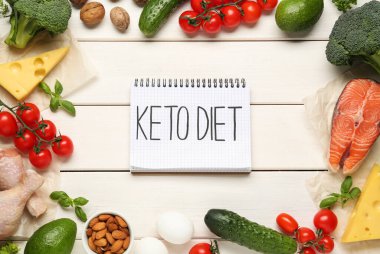 Keto Diyet ve beyaz ahşap masa üzerinde taze ürünler içeren defter, düz yatıyordu.