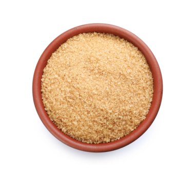 Kahverengi şekerli kase beyaz üzerine izole, üst görünüm