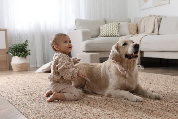 Söt Liten Bebis Med Bedårande Hund Golvet Hemma — Stockfoto