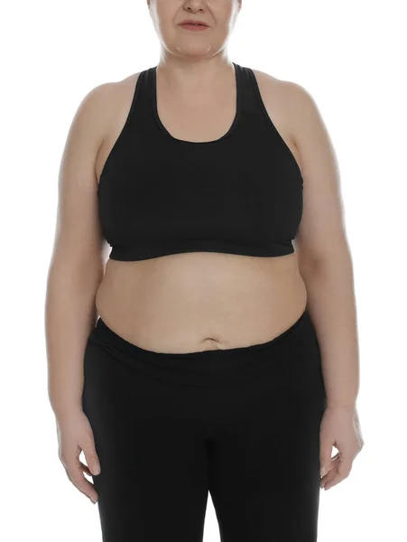 Толстая Женщина Белом Фоне Крупным Планом Операция Снижению Веса — стоковое фото