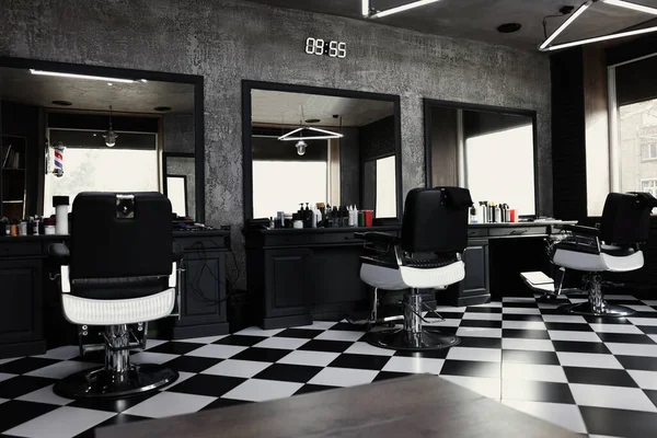 Stilfuldt Monokrom Interiør Moderne Barbershop Udstyret Arbejdsplads - Stock-foto