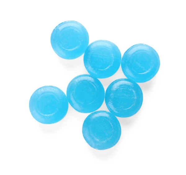 Many Light Blue Cough Drops White Background Top View — Stock Photo, Image