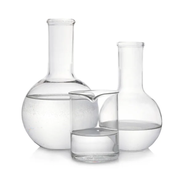 Laboratory Glassware Transparent Liquid White Background — Stock Photo, Image