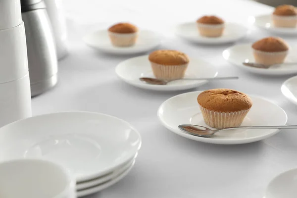 Many Delicious Muffins Served White Table Coffee Break — Stock Photo, Image