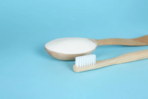 Bamboo Toothbrush Wooden Spoon Baking Soda Light Blue Background — Stock Photo, Image