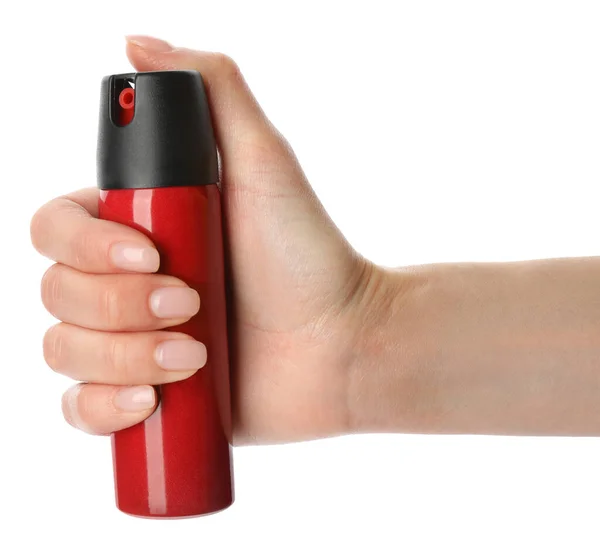 Kvinna Med Flaska Gas Peppar Spray Vit Bakgrund — Stockfoto
