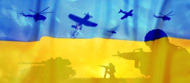 Asker siluetleri ve Ukrayna ulusal bayrağı, çifte çekim. Pankart tasarımı