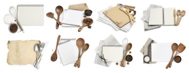 Beyaz arka planda boş yemek tarifi kitapları ve mutfak gereçleri ile ayarlanmış. Pankart tasarımı