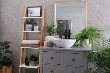 Modern banyo iç mimarisi şık tekne lavabosu ve güzel yeşil ev bitkileriyle