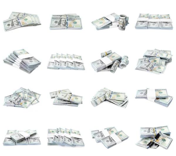 Mnoho Dolarových Bankovek Bílém Pozadí Koláž Americká Národní Měna — Stock fotografie