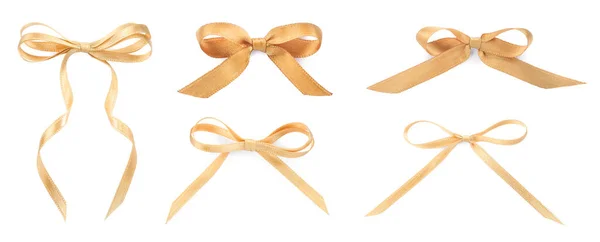 Set Beautiful Golden Ribbons Tied Bows White Background Banner Design — Stock Photo, Image