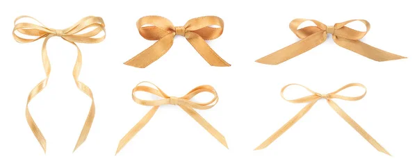 Set Met Prachtige Gouden Linten Vastgebonden Strikken Witte Achtergrond Banner — Stockfoto