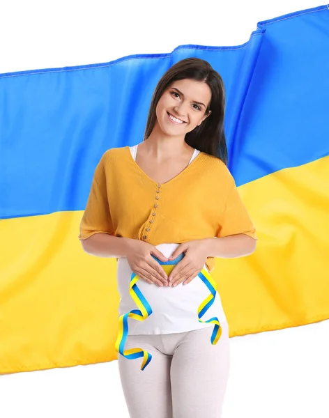 Zwangere Vrouw Oekraïense Vlag Witte Achtergrond Stop Oorlog — Stockfoto
