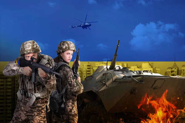 Припиніть Війну Україні Захисники Військові Машини Захищають Місто Забарвлені Кольори — стокове фото