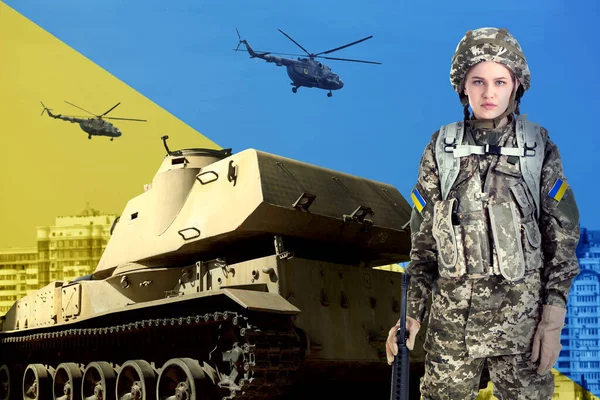Arrêtez Guerre Ukraine Défenseuse Machinerie Militaire Protégeant Ville Tonique Dans — Photo