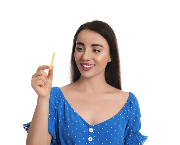 Hermosa Joven Con Papas Fritas Sobre Fondo Blanco — Foto de Stock