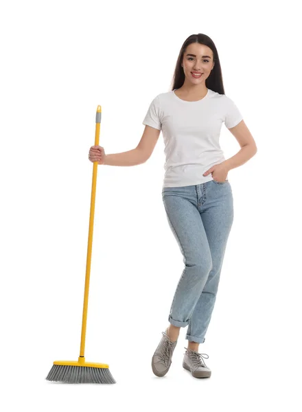 Beautiful Young Woman Broom White Background — Stock Photo, Image