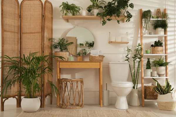 Elegante Cuarto Baño Interior Con Inodoro Muchas Plantas Interior Hermosas — Foto de Stock