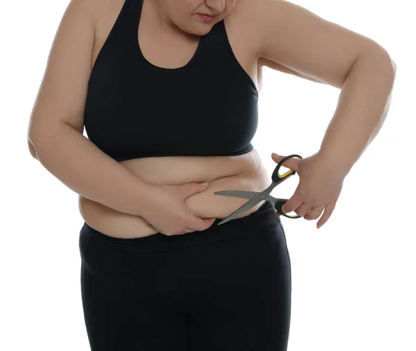 Толстая Женщина Ножницами Белом Фоне Крупным Планом Операция Снижению Веса — стоковое фото