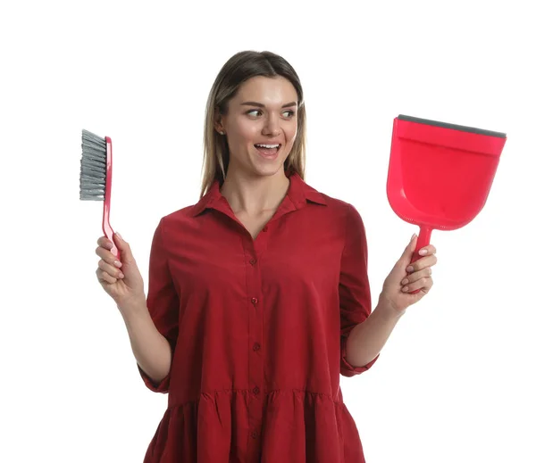 Young Woman Broom Dustpan White Background — Stock Photo, Image