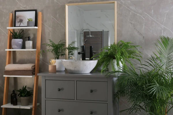 Intérieur Salle Bain Moderne Avec Évier Élégant Belles Plantes Intérieur — Photo