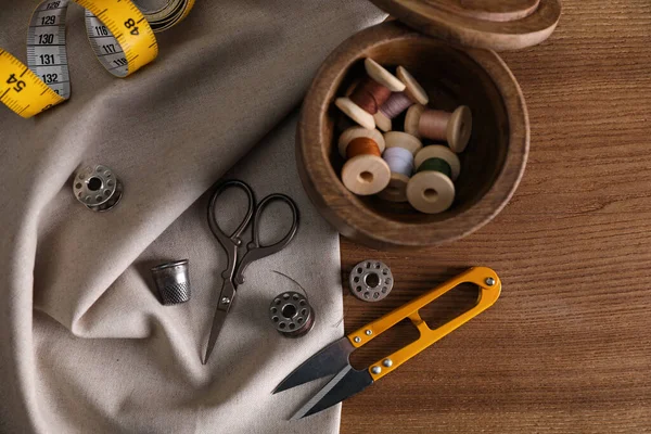 Set Sewing Supplies Accessories Wooden Table Flat Lay — Stock Photo, Image