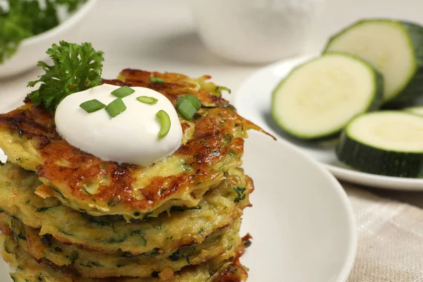 Delicious Zucchini Fritters Sour Cream Plate Closeup Space Text — Stock Photo, Image