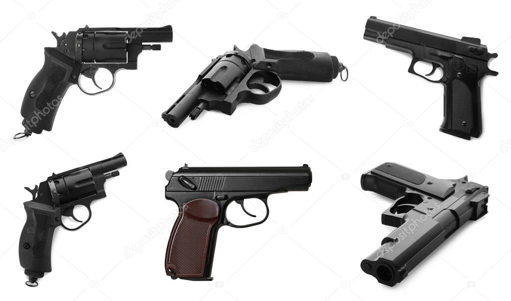 Set with different handguns on white background