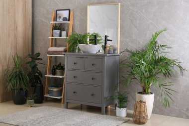 Modern banyo iç mimarisi şık tekne lavabosu ve güzel yeşil ev bitkileriyle