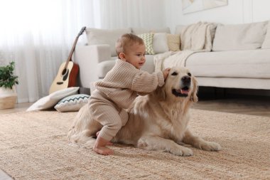 Evinde yerde sevimli bir köpeği olan şirin bir bebek.