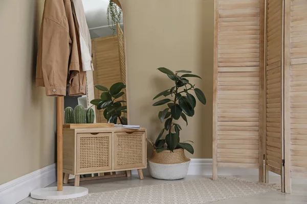 Interior Ruangan Bergaya Dengan Commode Kayu Rak Mantel Dan Cermin — Stok Foto