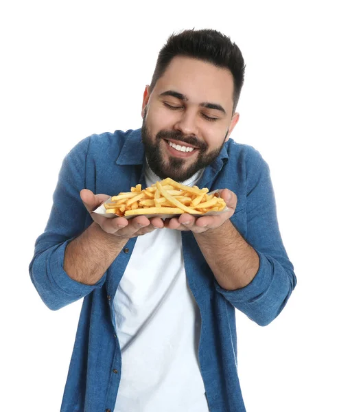 Jeune Homme Avec Des Frites Sur Fond Blanc — Photo