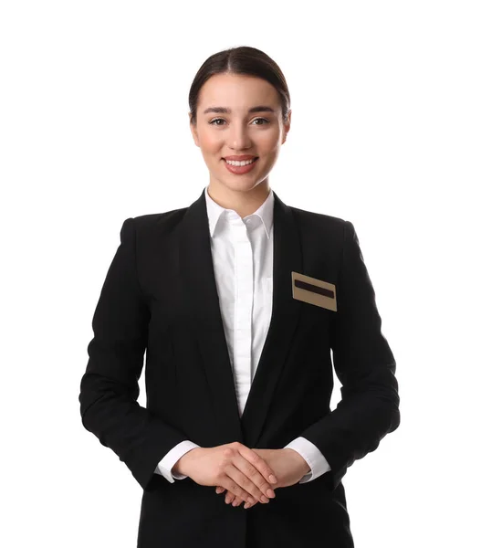 Portret Van Gelukkige Jonge Receptioniste Uniform Witte Achtergrond — Stockfoto