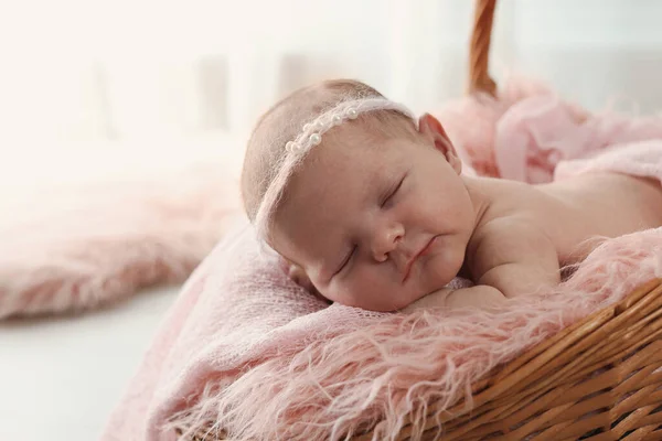 Adorable Little Baby Sleeping Wicker Basket Home — Stock Photo, Image