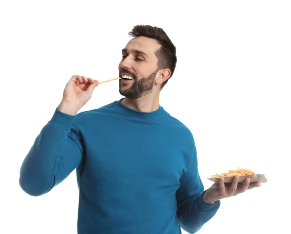 Man Eating French Fries White Background — Stock Photo, Image