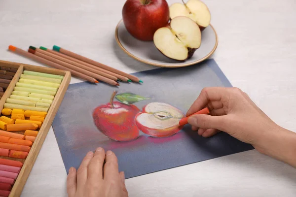 Woman Drawing Red Apples Paper Soft Pastels White Table Closeup — Stock Photo, Image