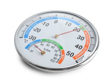 Yuvarlak mekanik higrometre beyaza izole edilmiş. Meteorolojik araç