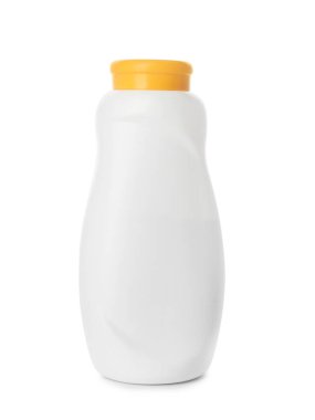 Beyaz üzerine izole edilmiş toz tozu şişesi, tasarım için alan. Bebek kozmetik ürünü