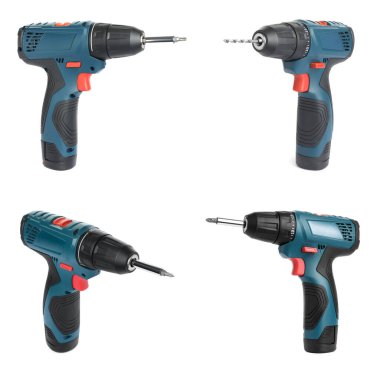 Beyaz arka planda modern elektrikli matkaplar seti