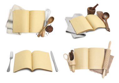 Beyaz arkaplanda eski tarif kitapları ve mutfak gereçleri ile ayarlandı